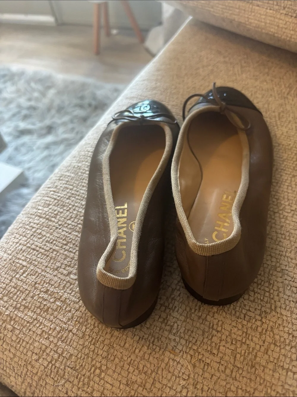 CHANEL Taupe Leather Ballet Flats with Black Patent Cap Toe
